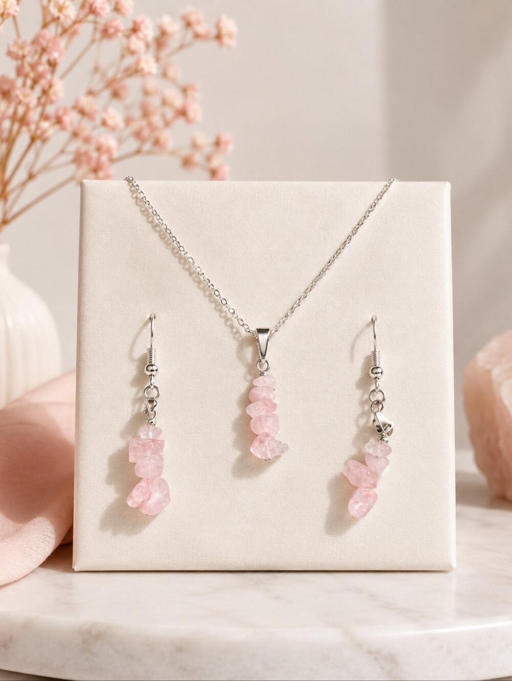 Silver and Pink Gemstone Jewelry Set